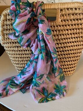 Woven Tote with Pink Tropical-Print Scarf Accent